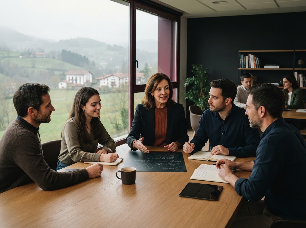 Niebla Ahoriwo: equipo analítico revisando modelos predictivos en un entorno de trabajo ejecutivo